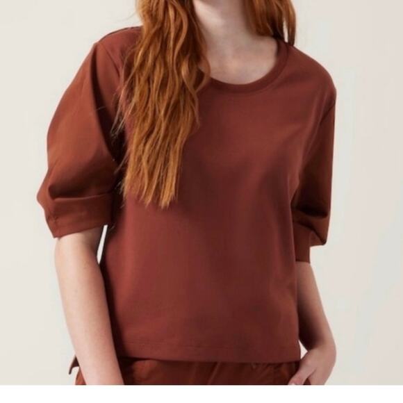 Athleta Women's Harlow Hybrid Woven Knit Tee Top Medium Rust - Picture 1 of 16